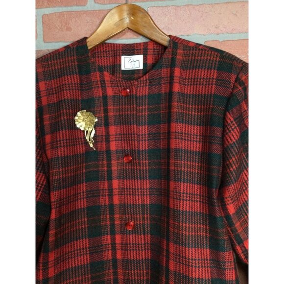 Vintage EVA Women Plaid Button Front Blazer Jacket Wool Blend Flower Brooch - Picture 3 of 6